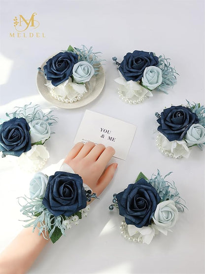 Meldel Navy Blue Wrist Corsage,Set of 6, Homecoming Wrist Flower Girl/Mother Corsages Wristlet Décor Perfect for Bride Bridesmaids Wedding Guests Hand Flower, Proms, Party, Ceremony Anniversary