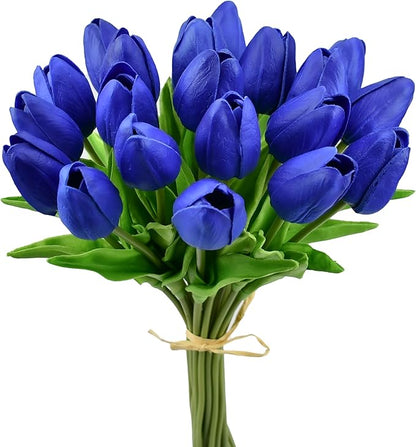 Mandy's Artificial Tulips 20 Stems Royal Blue PU Faux Flowers for Thanksgiving and Christmas Decorations Wedding Home Decor 13.5 Inch