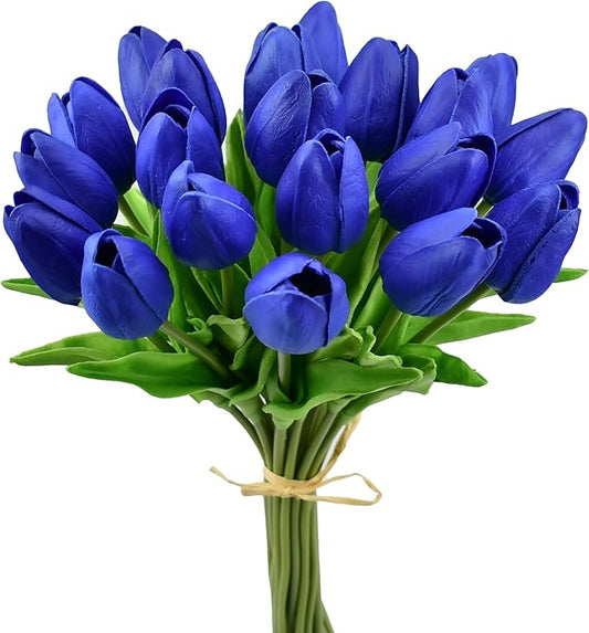 Mandy's Artificial Tulips 20 Stems Royal Blue PU Faux Flowers for Thanksgiving and Christmas Decorations Wedding Home Decor 13.5 Inch