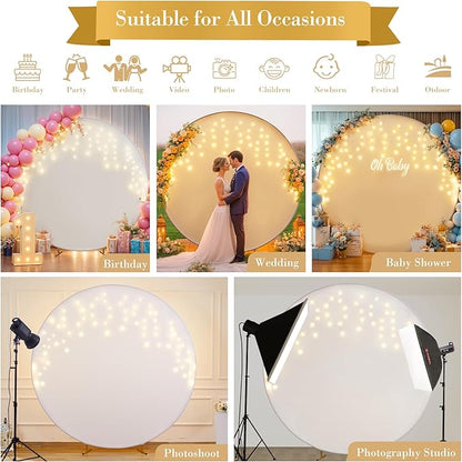 6.6 FT White Round Backdrop Cover with Lights String for Circle Arch Stand Circle Backdrop Covers with LED Fairy Lights for Wedding Arch Baby Shower Birthday Party Photo Shoot Photography Background