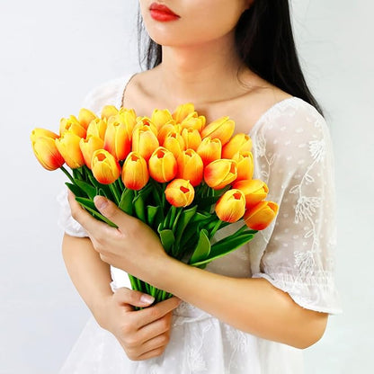 36 PCS Orange Tulips Artificial Flowers 13" PU Fake Flowers for Wedding Home Decor(Orange)