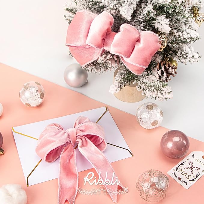 Ribbli Light Pink Velvet Wired Ribbon 1.5 Inch Velvet with Satin Christmas Ribbon for Gift Wrapping Christmas Tree Decoration Crafts Wreaths Supplies-Continuous 10 Yards