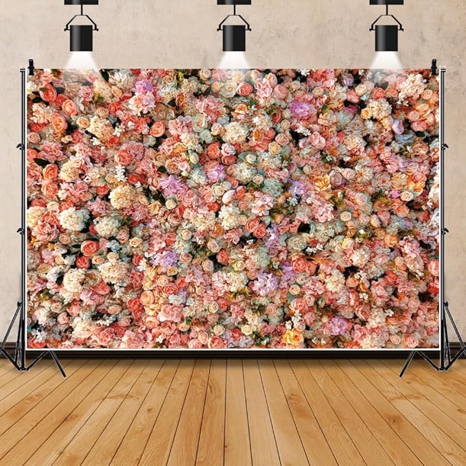 Leowefowa Floral Wall Photography Backdrop 15x8ft Colorful Rose Flower Romantic Wedding Background for Lover Spring Pink White Rose Petal Engagement Party Banner Decor Photo Supplies Prop