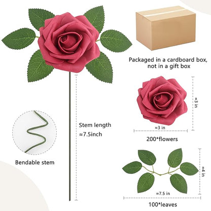 200PCS Artificial Flowers Burgundy Roses Real Looking Foam Fake Roses with Leaves and for DIY Wedding Bouquets Bridal Shower Centerpieces Party Decorations (Burgundy, 200)