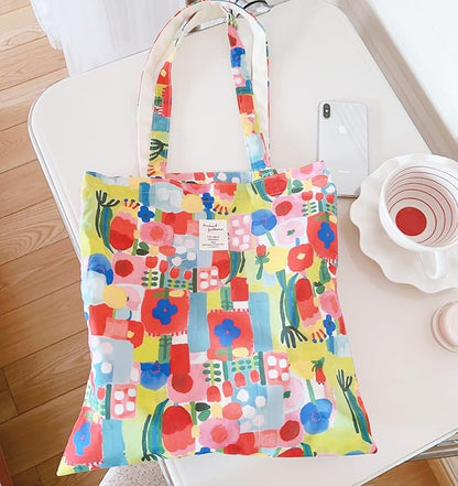 Cotton Canvas Tote Bag Reusable Soft Grocery Cloth Bag Floral Shoulder Bag for Beach Travel Shopping