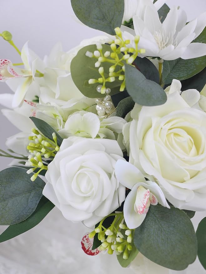 Rinlong 1Pc Wedding Bouquets for Bride Bridesmaids White Rose Green Artificial Flowers Bridesmaids Bridal Bouquet for Wedding Prom