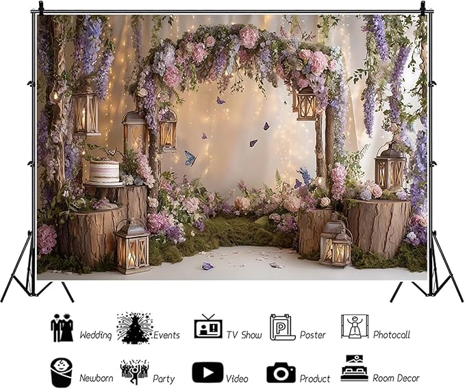 Baocicco Purple Flowers Wall Backdrop 5x3ft Rustic Style Wooden Arch Door Butterfly Background Photography Rural Wedding Baby Shower Birthday Party Banner Supplies Anniversary Decorations Props