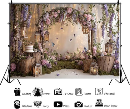 Baocicco Purple Flowers Wall Backdrop 10x6.5ft Rustic Style Wooden Arch Door Butterfly Background Photography Rural Wedding Baby Shower Birthday Party Banner Supplies Anniversary Decorations Props