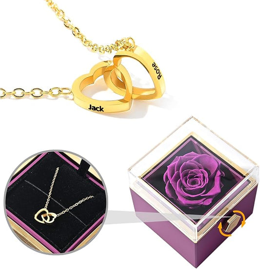 ‌TINGKU Eternal Real Rose Gift Box for Women, Preserved Rose with Customized Name Engraved Heart Necklace, Personalized Romantic Gift for Wife, Girlfriend, Mom, Mother's Day Love Keepsake
