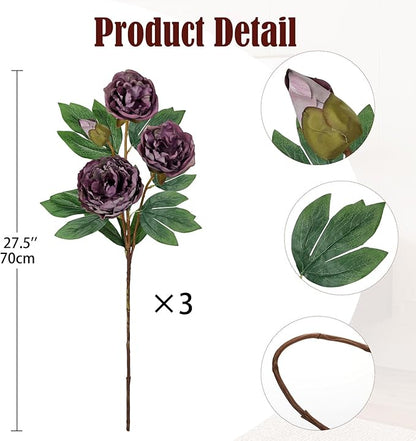 Briful 3 Pack Artificial Peony Flower 27.5" Purple Silk Peonies Floral Stems Real Touch Faux Peony Flower for Wedding Bouquets Home Floral Arrangements Table Centerpieces DIY Décor