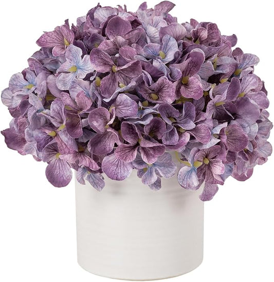 Hydrangea Fake Flowers in Vase, Artificial Flowers with Ceramic Vase Small Faux Potted Floral Arrangements for Bathroom Home Desk Kitchen Counter Vanity Shelf Coffee Table Centerpiece Decor (Purple)