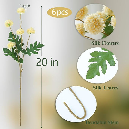 mizii 6Pcs Yellow Fake Silk Pompon Mum Artificial Flowers Bulk Small Faux Chrysanthemums with Stems Realistic Floral Decorations for Wedding DIY Bouquet Centerpieces Shower Vase Home Decor (Yellow)