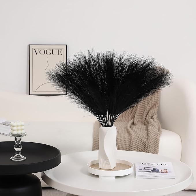 60pcs Black Pampas Grass - 24 Inch Faux Pampas Grass Decor, Short Artificial Pampas Grass for Gothic Room Decoration, Wedding, Party, Halloween and Home Decor (Black)