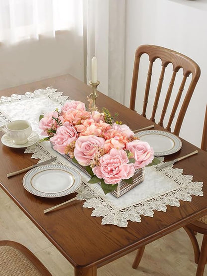 Flower Arrangement with Wooden Vase 14" Artificial Flowers in Pot - Fake Flowers Roses Peonies Hydrangeas in Wooden Vase Potted Artificial Flower Centerpieces for Table Decor Living Room - Dusty Pink