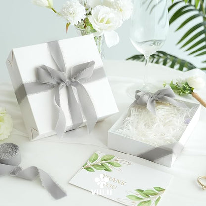 MEEDEE Silver Chiffon Ribbon 1 Inch Frayed Ribbons Gray Chiffon Silk Grey Fringe Ribbon Thin Chiffon Ribbons for Crafts, Gift Wrapping, Wedding Invitation (3 Rolls 21 Yards)