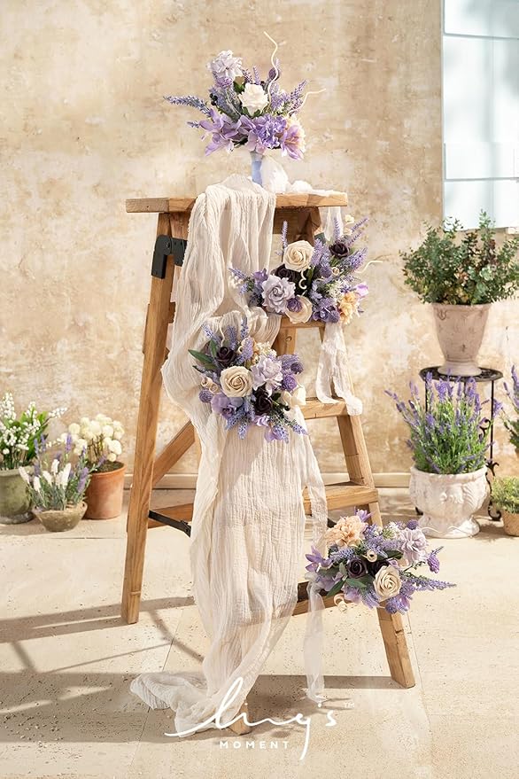 Ling's moment Artificial Flowers Purple Bridesmaid Bouquet Set of 4, Lavender Wedding Flowers Bouquets for Bridesmaids, 7 Inch Bridal Bouquets for Bridesmaids, Wedding, etc