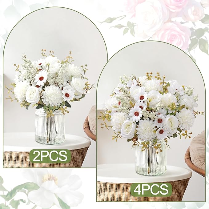Dremisland Artificial Flowers Like Real Artificial Bouquet 4 Packs Silk Artificial Roses Bouquet with Daisy Chrysanthemum White Flowers for Centerpiece Table Wedding Party Home Decor