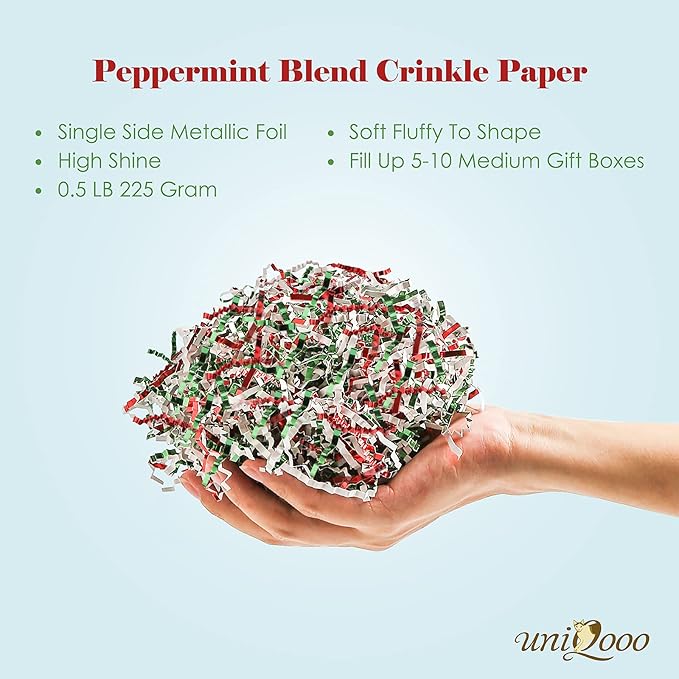 UNIQOOO 1/2 LB Metallic Red Green White Crinkle Cut Paper Shredded Filler, Christmas Peppermint Candy Cane Raffia Tissue Zig, Strands Shred Craft Bedding Cushion,Wedding Birthday Gift Boxes Bag Retail