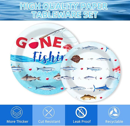 Gone Fishing Birthday Party Plates and Napkins Decorations Kit, Ofishally One Fisherman Tableware Supplies for Birthday Little Fisherman Favors Party Decor Service 24 Guests