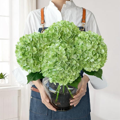 Green Hydrangea Artificial Flowers, 4Pcs 22" Large Lifelike Faux Silk Flowers, Full Artificial Hydrangeas for Bouquet Table Centerpieces Indoor Spring Outdoor Home