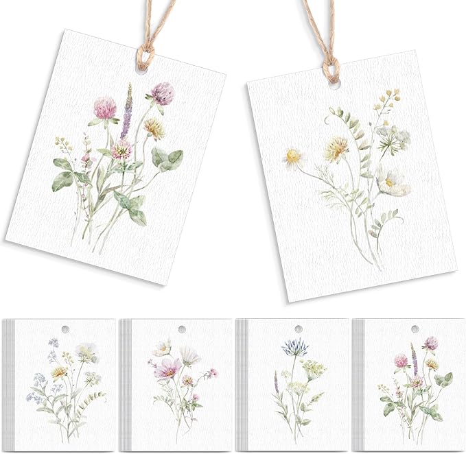 50 Set Floral Blank Gift Tags with String, 2 x 3 in Watercolor Bouquet Paper Gift Tags Set 5 Assorted Flower Designs Label Tag for Wedding Bridal Baby Shower Xmas Party Decor Supplies