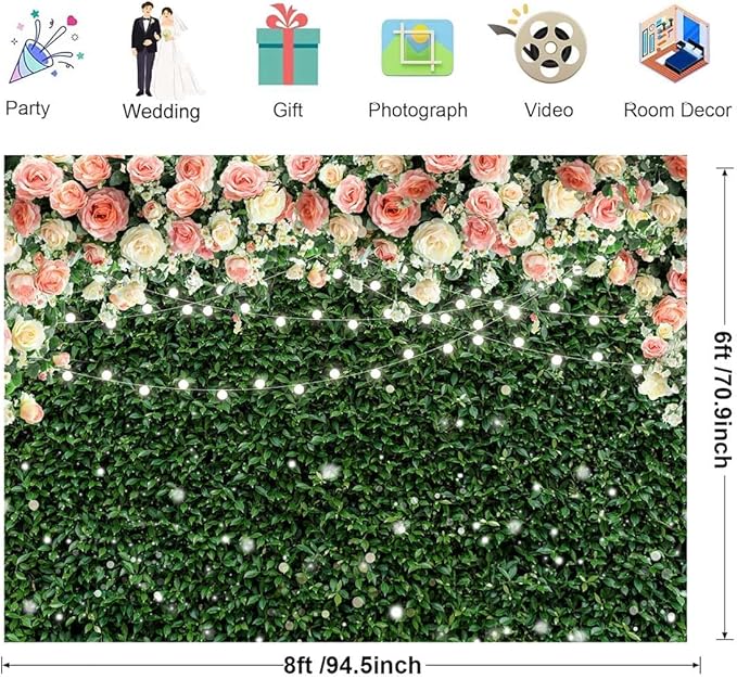 Sensfun Flower Wall Backdrop Spring Pink Rose Blossom Green Leaves Photography Background Floral Grass Birthday Baby Shower Miss to Mrs Wedding Bridal Shower Backdrops Portrait Photo Booth Props 8x6ft