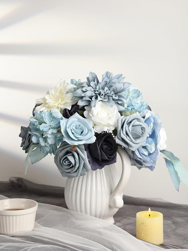 Multi Use Dusty Blue White Artificial Flowers Combo for DIY Centerpieces Arrangements Wedding Bridal Bouquet Table Chair Decor Candle Holder Baby Shower Cake Decor Flower Strips Home Décor