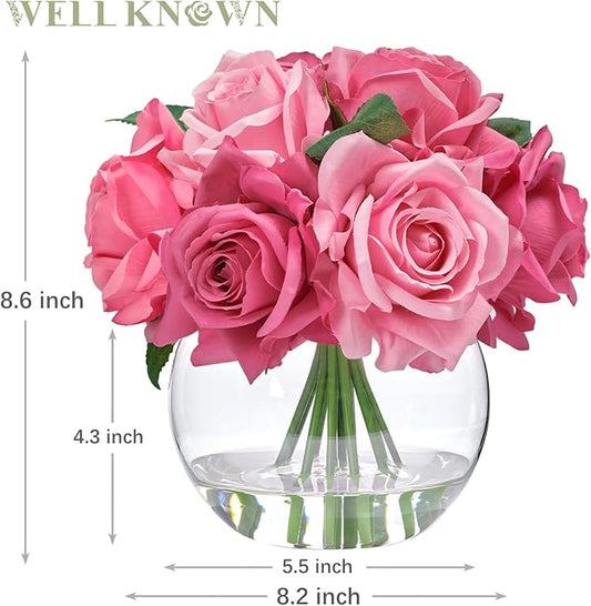 WELL KNOWN Artificial Flowers with Vase, Silk Rose Artificial Flowers Table Centerpieces with Faux Water for Home Decoration Fake Roses Flower Arrangements for Table Decor (Fuchsia)