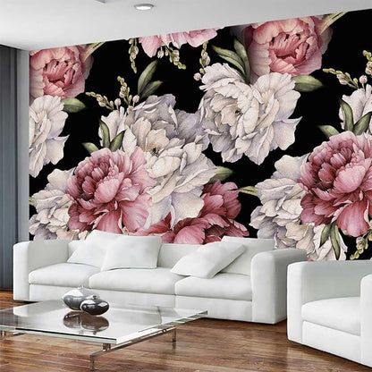 Dark Background Watercolor Peony Seamless Floral Wallpaper, Large Art Background Wall Mural for Decorated Bedroom and Living Room(Non-self-Adhesive)