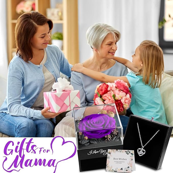 Gifts for Mom Birthday, Preserved Real Purple Rose with Necklace, Eternal Roses Forever Flowers Gifts for Women Girlfriend Mom Grandma Wife Mother's Day Birthday Anniversary