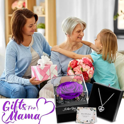 Gifts for Mom Birthday, Preserved Real Purple Rose with Necklace, Eternal Roses Forever Flowers Gifts for Women Girlfriend Mom Grandma Wife Mother's Day Birthday Anniversary