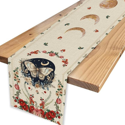 Gothic Moth Table Runner, Boho Floral Gothic Sun Moon Phase Mystical Witchy Starlight Coffee Table Center Decor for Home Kitchen Dining Patio Holiday Party Table Decorations 13x72 inches