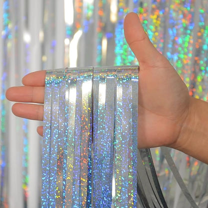 Foil Fringe Curtains Christmas Decorations - Melsan 3 Pack 3.2 x 8.2 ft Silver Tinsel Curtain Photo Backdrop for Birthday Party or Disco Party Decorations