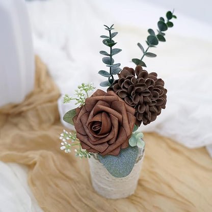 Artificial Flowers, 25pcs Brown Artificial Rose for DIY Wedding Bouquets Centerpieces Arrangements, Brown Rose and Dahlia Flowers with Stem for Bridal Shower Party Home Decorations