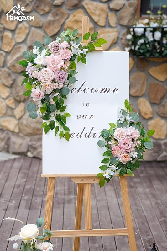 Faux Flowers Wedding Welcome Signs Floral(Pack of 2)，Wedding Arch Flowers for Decorations and Reception Backdrop Decoration (Pink)