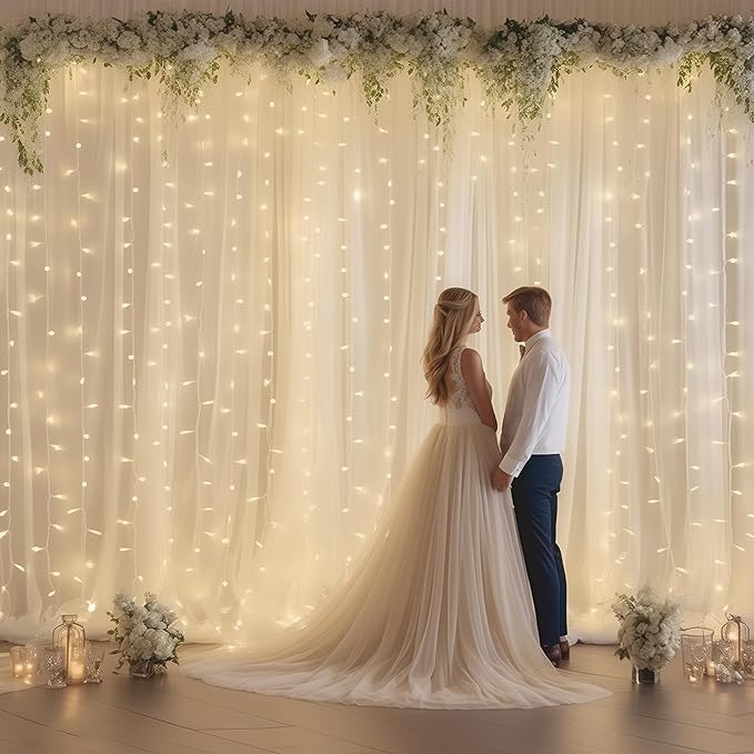 30ft x 10ft White Backdrop Curtain with Lights for Parties, Sheer Wedding Photo Backgrounds Tulle Drapes for Baby Shower Birthday Party Decorations Backdrop for Photography