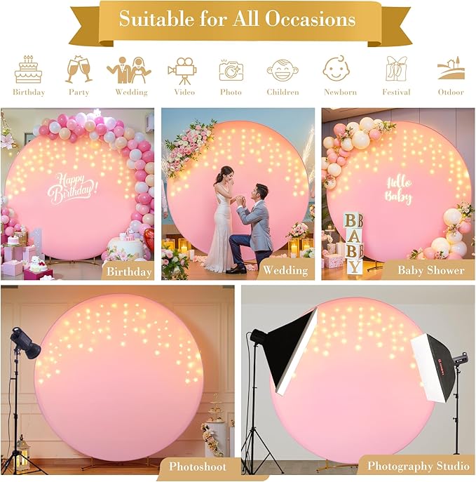 7.2 FT Pink Round Backdrop Cover with Lights String for Circle Arch Stand Circle Backdrop Covers with LED Fairy Lights for Wedding Baby Shower Girls Birthday Party Photo Shoot Photography Background