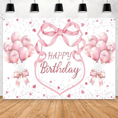 Pink Coquette Birthday Backdrop Decorations Pink Bows and Glitter Balloons Theme Background for Girls Women, Romantic Party Photo Banner for Bachelorette Birthday Decor 7x5ft