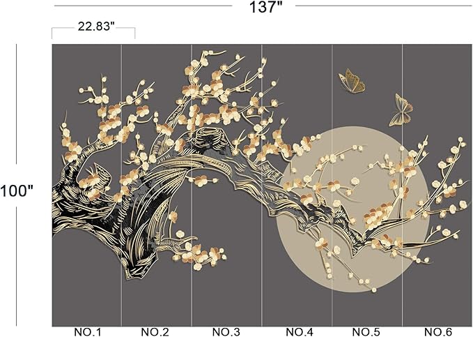 Golden Branches Butterflies Moon Wall Mural Wallpaper for Bedroom 137" x 100"