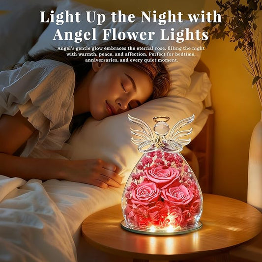 Beferr Christmas Birthday Gifts for Women, Mom Gifts for Christmas Fresh Flowers for Delivery Prime Forever Preserved Rose in Glass Angel Figurine Xmas Gifts for Grandma Wife Sister Her, Rose Pink
