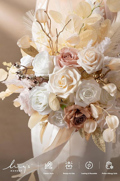 Ling's moment Boho Wedding Bouquets for Bride, White Beige and Gold Bridal Bouquets for Bride, 15 Inch Free Form Artificial Wedding Flower Bouquet