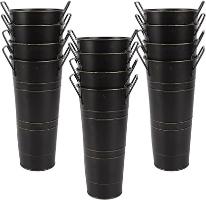 12pcs Small Black Rustic Vase, Small Metal Vases for Flowers, Galvanized Metal Bucket with Handles, Rustic Farmhouse Vases for Flowers for Home Décor (Black,10'' Height,Set of 12)