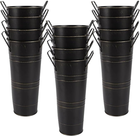 12pcs Small Black Rustic Vase, Small Metal Vases for Flowers, Galvanized Metal Bucket with Handles, Rustic Farmhouse Vases for Flowers for Home Décor (Black,10'' Height,Set of 12)