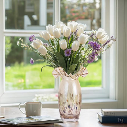 Hand Blown Amber Glass vase, Unique Glass Wide Mouth vase for Console Office TV Stand Coffee Table entryway Entrance Desktop Living Room Dining Table Centerpiece.