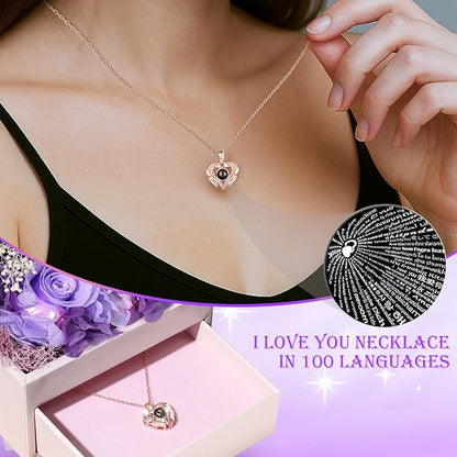 Gifts for Mom Grandma Christmas Birthday Preserved Flowers Roses with Heart Necklace Fresh Flowers for delivery Prime Eternal Forever Flower Box Xmas Gifts for Women Mother Her Wife from Daughter