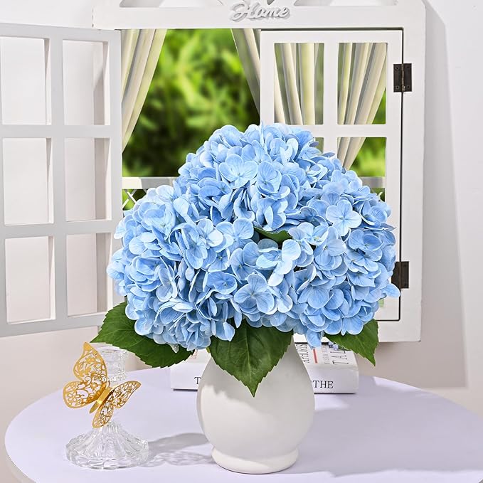 8 Pcs Blue Hydrangea Artificial Flowers, Latex Real Touch Hydrangea Flowers, 19.6'' Full Faux Hydrangea Flowers Fake Flowers for Home Decor Party Wedding Centerpiece Bouquet Floral Arrangements