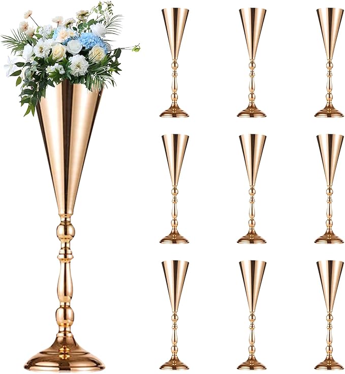 10 Pcs Flower Trumpet Vases Table Decorative Centerpiece Gold Tall Flower Vase, 16.5 Inch Metal Wedding Vases Arrangement Flower Stand for Ceremony Party Birthday, Weddings, Home Decoration