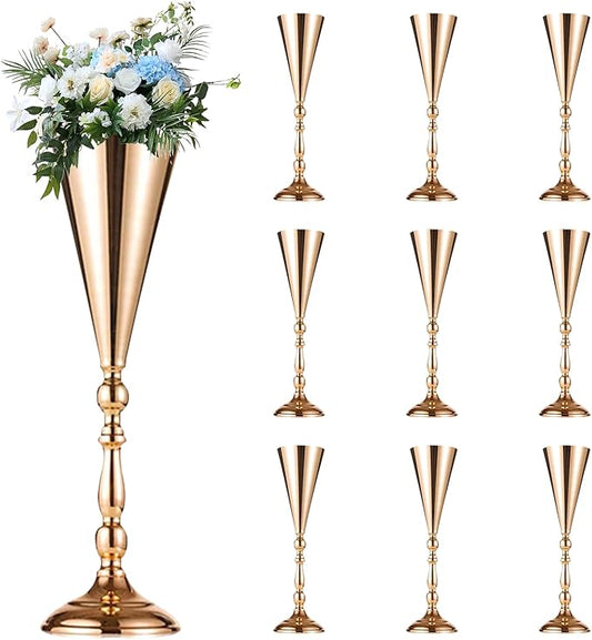 10 Pcs Flower Trumpet Vases Table Decorative Centerpiece Gold Tall Flower Vase, 16.5 Inch Metal Wedding Vases Arrangement Flower Stand for Ceremony Party Birthday, Weddings, Home Decoration