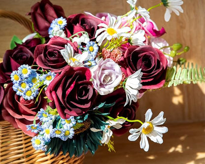 DuHouse 10pcs Silk Roses Artificial Flowers Fake Burgundy Rose Bouquet for Arrangement Wedding Party Home Decoration (Burgundy-Long Stem)