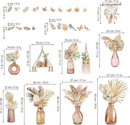 decalmile Boho Palm Leaves Wall Decals Flower Vase Tropical Plants Butterflies Wall Stickers Bedroom Living Room Sofa TV Background Wall Décor